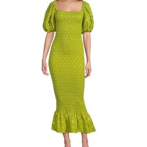 Never Fully Dressed JoJo Bardot Green Puff Sleeve Smocked Dress NWT Small